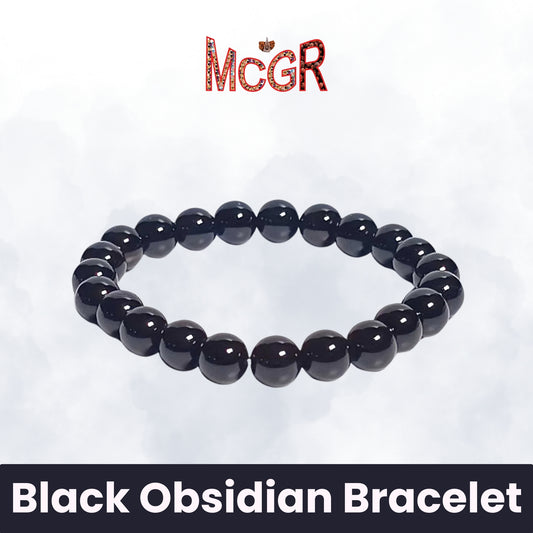 MCGR Natural Black Obsidian Round Crystal Bracelet for Men and Women
