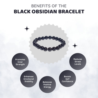 MCGR Natural Black Obsidian Round Crystal Bracelet for Men and Women